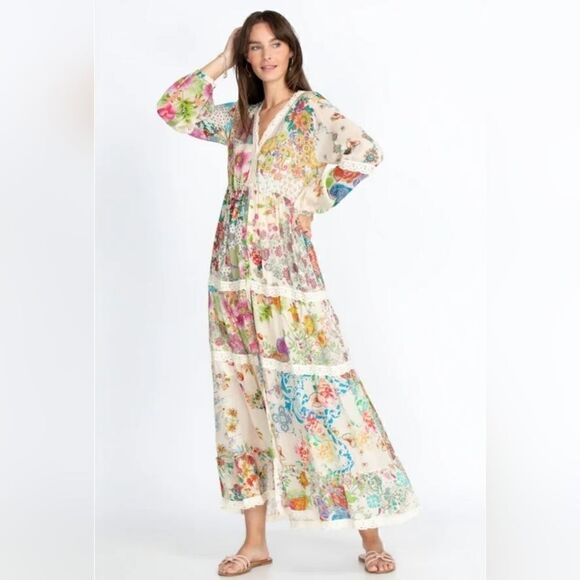 Johnny Was "Milana" Tiered Floral-print Maxi Dress/Duster with Lace Trim | L - Picture 3 of 15